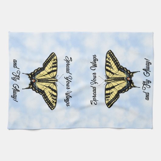 Yellow Swallowtail Butterfly Blue Sky Personalized Theedoek (Horizontaal)