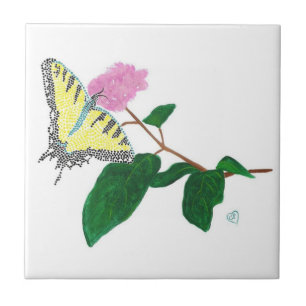 Yellow Swallowtail Butterfly Pink Flower Tegeltje