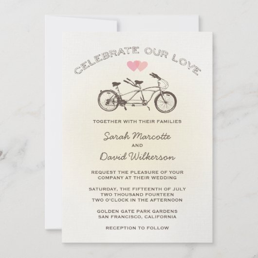 Yellow Tandem Bicycle Wedding Invitation Kaart (Voorkant)