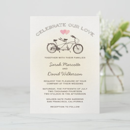 Yellow Tandem Bicycle Wedding Invitation Kaart (Staand voorkant)