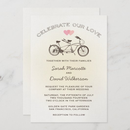 Yellow Tandem Bicycle Wedding Invitation Kaart (Voorkant / Achterkant)