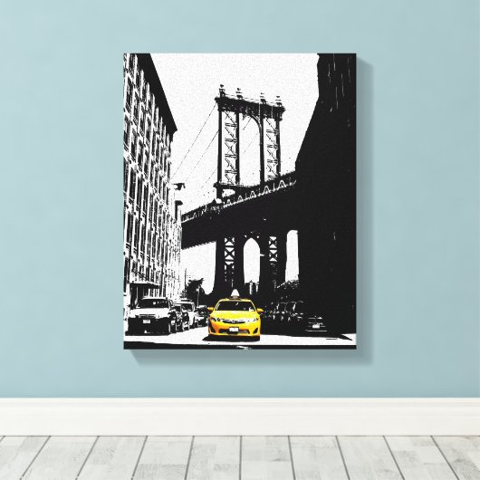 Yellow Taxi Brooklyn Bridge Nyc New York City Art Canvas Afdruk (Insitu (Houten vloer))