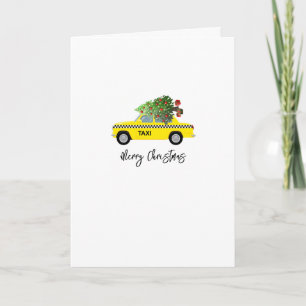 Yellow Taxi Cab Merry kerstboom NAME Vakantie Kaart