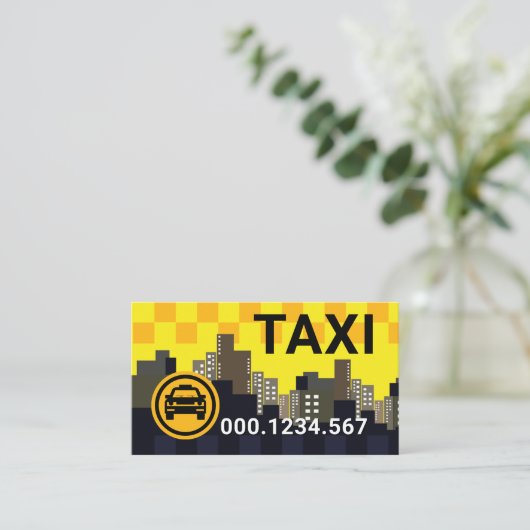 Yellow Taxi Check Box Skyline Cab Driver Visitekaartje (Staand voorkant)