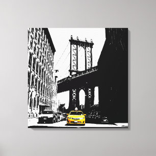 Yellow Taxi New York City Nyc Brooklyn Bridge Canvas Afdruk