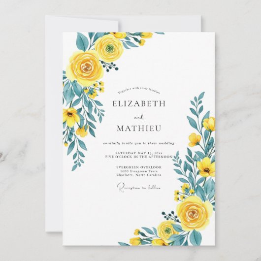 Yellow Teal Flourishing Spring Wedding Kaart (Voorkant)
