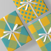 Yellow & Teal Squiggly Buffalo Plaid & Polka Dots Inpakpapier Vel
