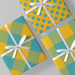 Yellow & Teal Squiggly Buffalo Plaid & Polka Dots Inpakpapier Vel