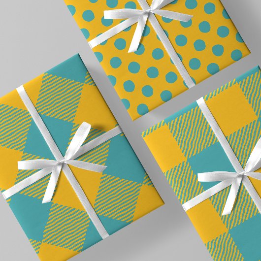 Yellow & Teal Squiggly Buffalo Plaid & Polka Dots Inpakpapier Vel