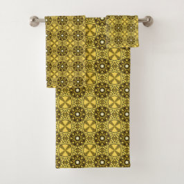 Yellow towels with black geometric patterns bad handdoek