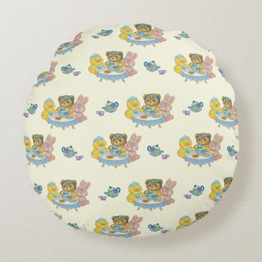 Yellow Toy Tea Party Throw Pillow Rond Kussen (Voorkant)