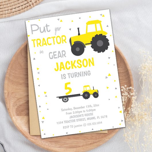 Yellow Tractor Birthday-uitnodigingen Kaart