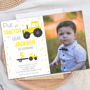 Yellow Tractor Birthday-uitnodigingen met foto Kaart
