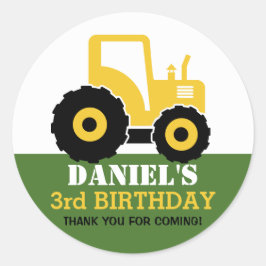 Yellow Tractor Cartoon Kinderen, Birthday Party St Ronde Sticker