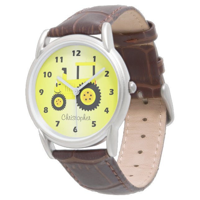 Yellow Tractor Design Personalised Horloge (Gekanteld)