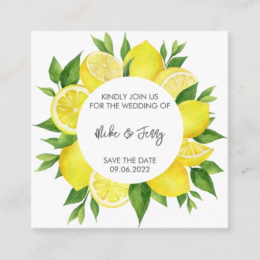 Yellow Tropical Lemon Citrus Monogram Weddenschap Informatiekaartje (Voorkant)