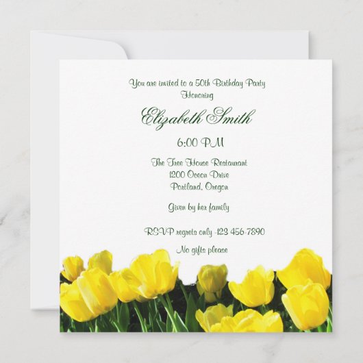 Yellow Tulips 50th Birthday Party Invitation Kaart (Achterkant)