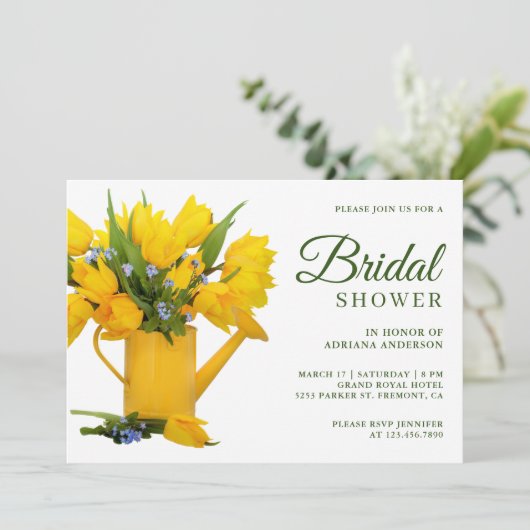 Yellow Tulips Garden Watering Can Vrijgezellenfees Kaart (Staand voorkant)