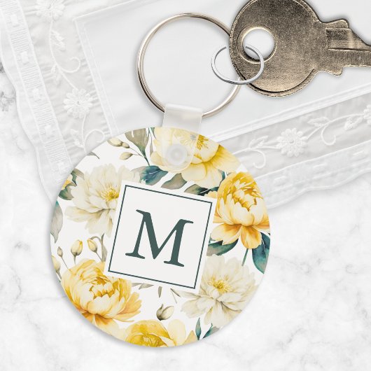 Yellow Watercolor Garden Flowers Monogrammed Sleutelhanger