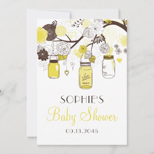 Yellow Whimsical Mason Jars Baby shower Invitation Kaart (Voorkant)