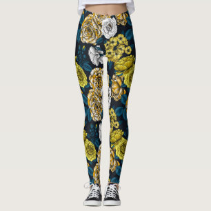 Yellow, white and bi-color roses with blue leaves leggings