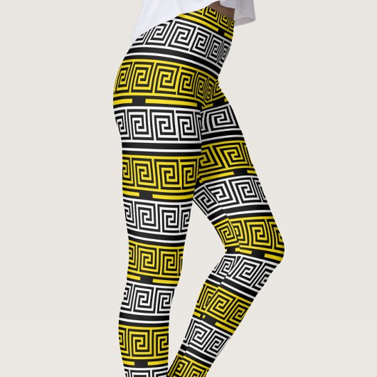 Yellow White Black Greek Key Fret Pattern Design  Leggings