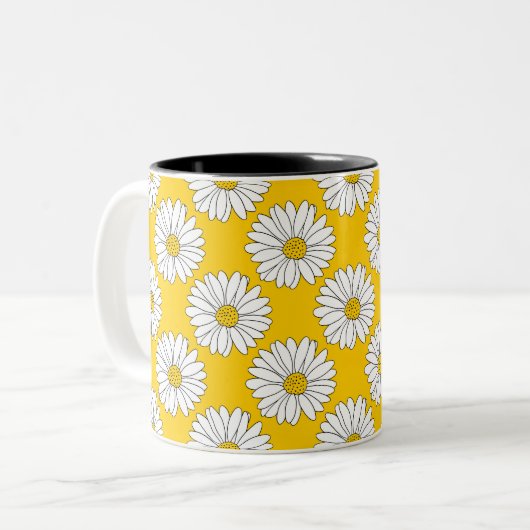 Yellow White Daisy Pattern 2 Tweekleurige Koffiemok (Voorkant links)