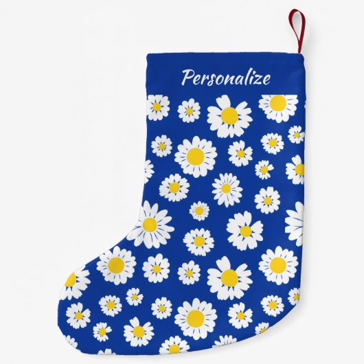 Yellow White Daisy Pattern On Blue Christmas Kleine Kerstsok (Achterkant)