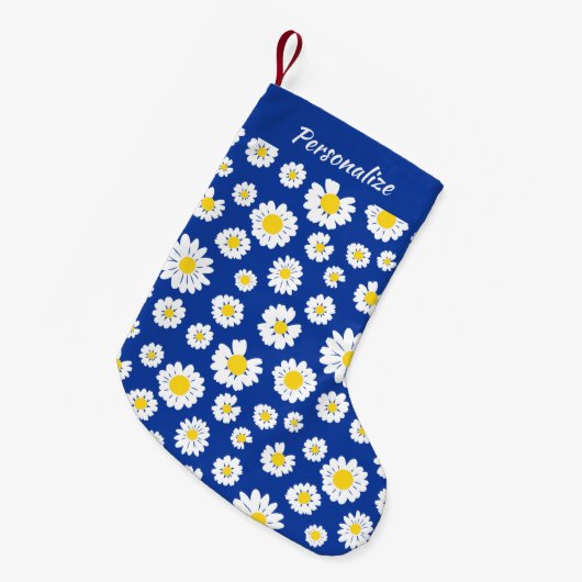 Yellow White Daisy Pattern On Blue Christmas Kleine Kerstsok (Voorkant (Hangend))