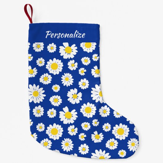 Yellow White Daisy Pattern On Blue Christmas Kleine Kerstsok (Voorkant)