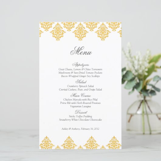 Yellow White Damask Arabesque Wedding Menu Kaart (Staand voorkant)
