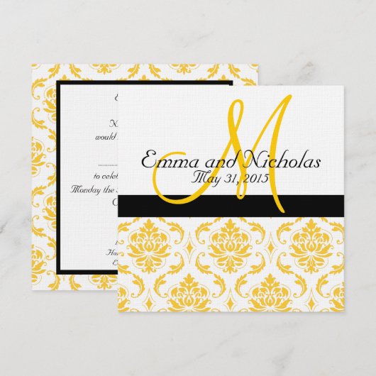 Yellow White Damask Wedding Invitation Kaart (Voorkant / Achterkant)