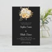 Yellow & White Floral Bouquet Black Wedding Kaart (Staand voorkant)