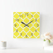 Yellow White Moroccan Quatrefoil Pattern #5 Vierkante Klok (Huis)