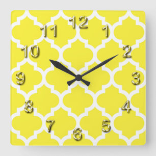 Yellow White Moroccan Quatrefoil Pattern #5 Vierkante Klok