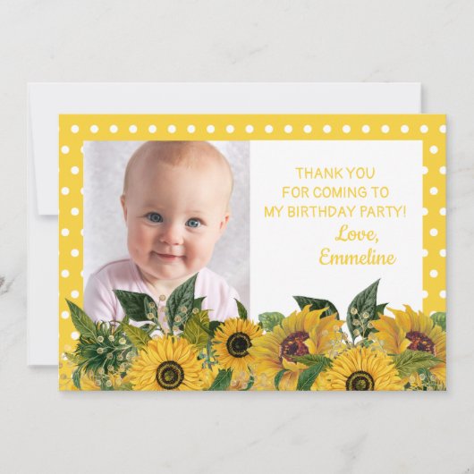 Yellow White Polka Dot Sunflower Birthday Dank je Kaart (Voorkant)