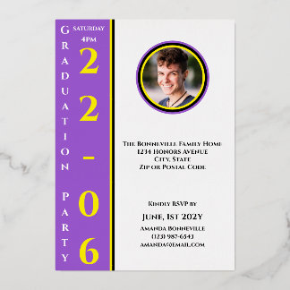 Yellow White Purple Black Graduation Photo Gold Folie Uitnodiging