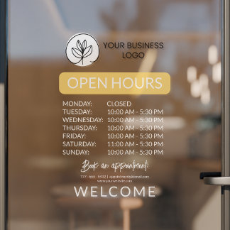 Yellow & White Small Business Logo Open Hours Raamsticker