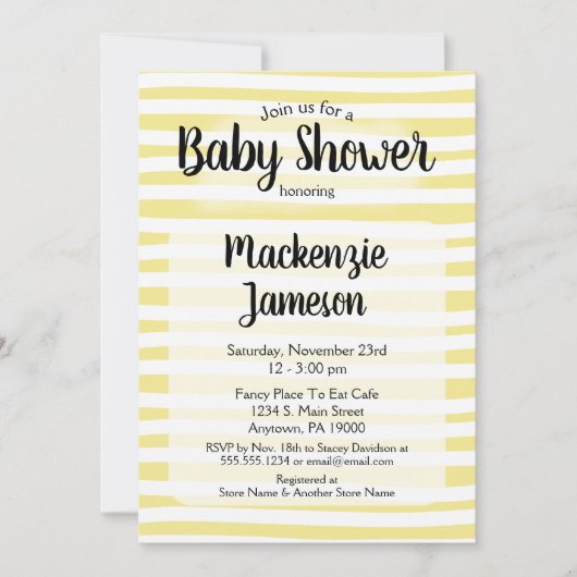 Yellow White Stripes Baby shower Invitation Kaart (Voorkant)