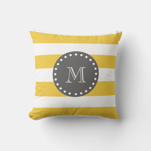 Yellow White Stripes Pattern, Charcoal Monogram Kussen (Voorkant)