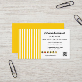 Yellow White Stripes, QR Code & Social Media Icons Visitekaartje