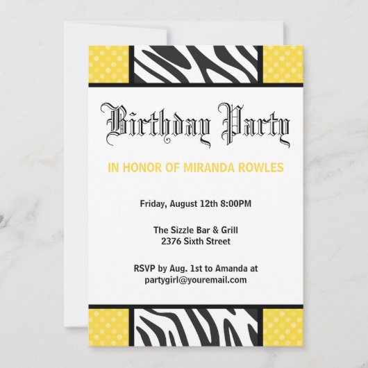 Yellow Wilde Time Zebra Birthday Party Invitation Kaart (Voorkant)