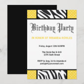 Yellow Wilde Time Zebra Birthday Party Invitation Kaart (Voorkant / Achterkant)
