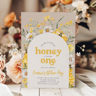 Yellow Wildflower Bee Eerste Verjaardag Uitnodigin Kaart