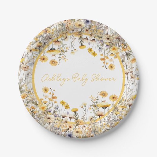 Yellow Wildflower Boho gepersonaliseerd Baby showe Papieren Bordje (Voorkant)