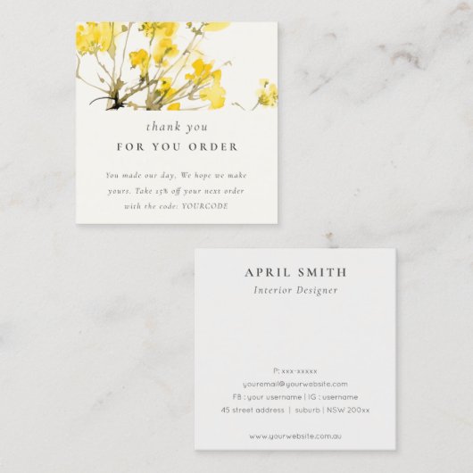 Yellow Wildflower Floral dank u bestelling Vierkante Visitekaartje (Voorkant / Achterkant)