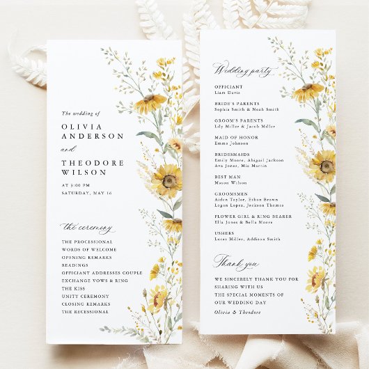 Yellow Wildflower Sunflower Wedding Ceremony Programmakaart