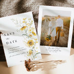 Yellow Wildflower Sunflower Wedding Photo Back Save The Date<br><div class="desc">A romantic yellow sunflower and wildflower photo save the date card featuring soft watercolor florals and an elegant botanical layout. The delicate golden yellow blooms frame a warm engagement photo beautifully, creating a timeless garden-inspired design. Perfect for sunflower weddings, wildflower themes, countryside venues, and romantic outdoor celebrations. The airy floral...</div>