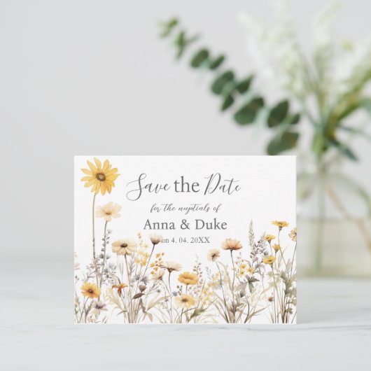 Yellow Wildflower Wedding Save the Date Briefkaart (Staand voorkant)