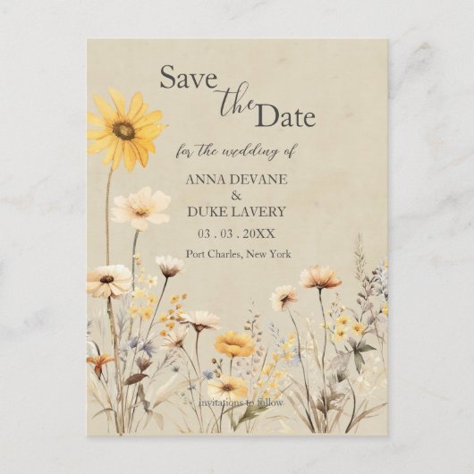 Yellow Wildflower Wedding Save the Date Briefkaart (Voorkant)